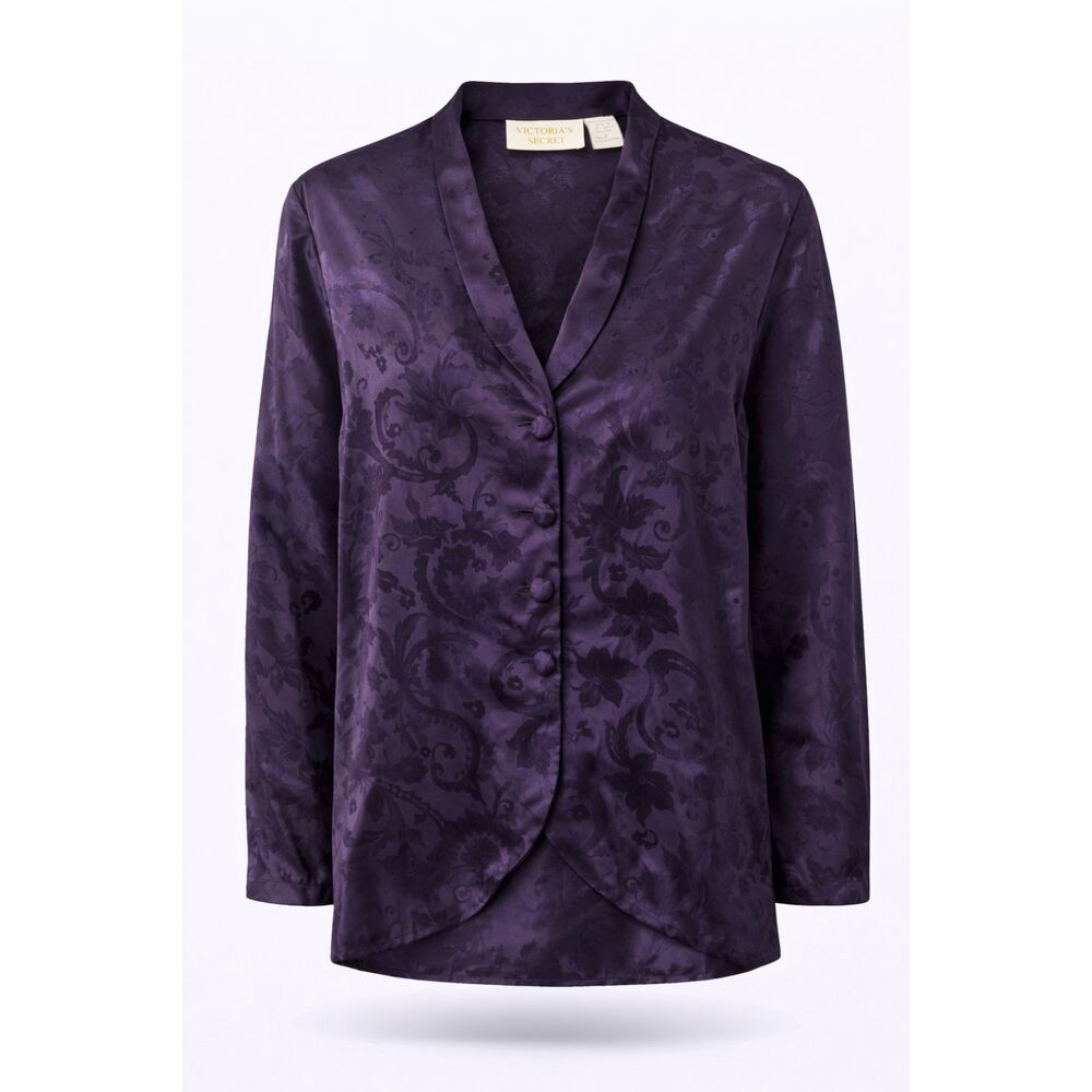 Victoria’s Secret Purple Satin Floral Button Blouse Size M Vintage